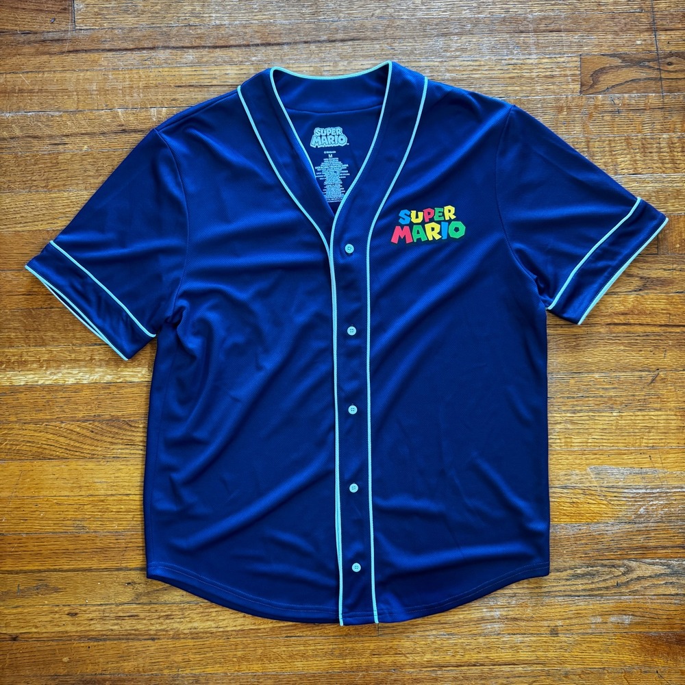 Super Mario Baseball Jersey Mens Size M Blue Short Sleeve Nintendo Graphic Shirt
